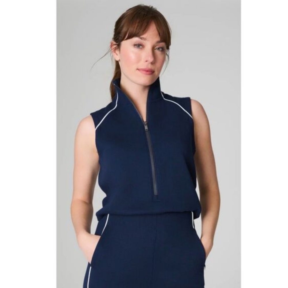 Spanx Airessentials Pique Sleeveless Mockneck Wide Leg Jumpsuit Sz Medium Navy - Picture 2 of 10